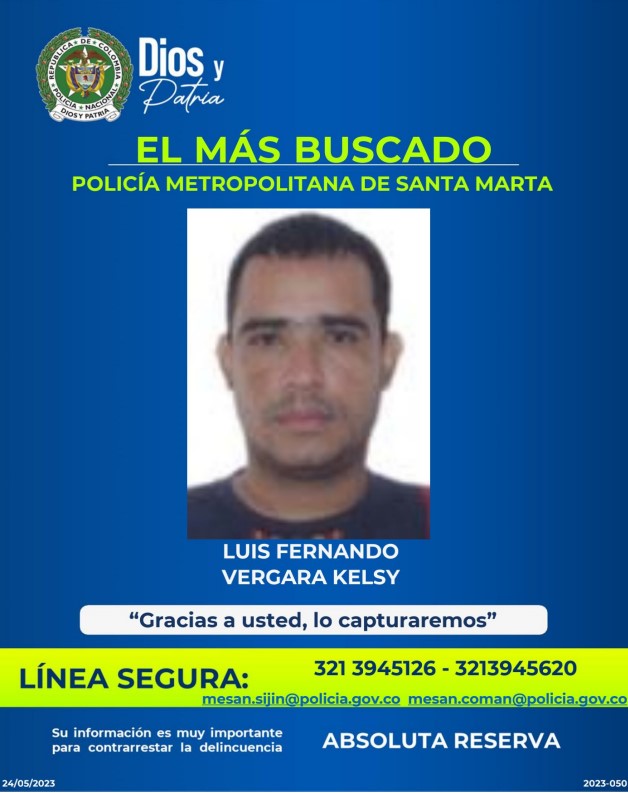 Luis Fernando Vergara Kelsy es buscado por la Policía de Santa Marta. 