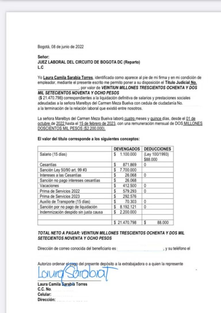 Liquidación de Marelbys Meza.