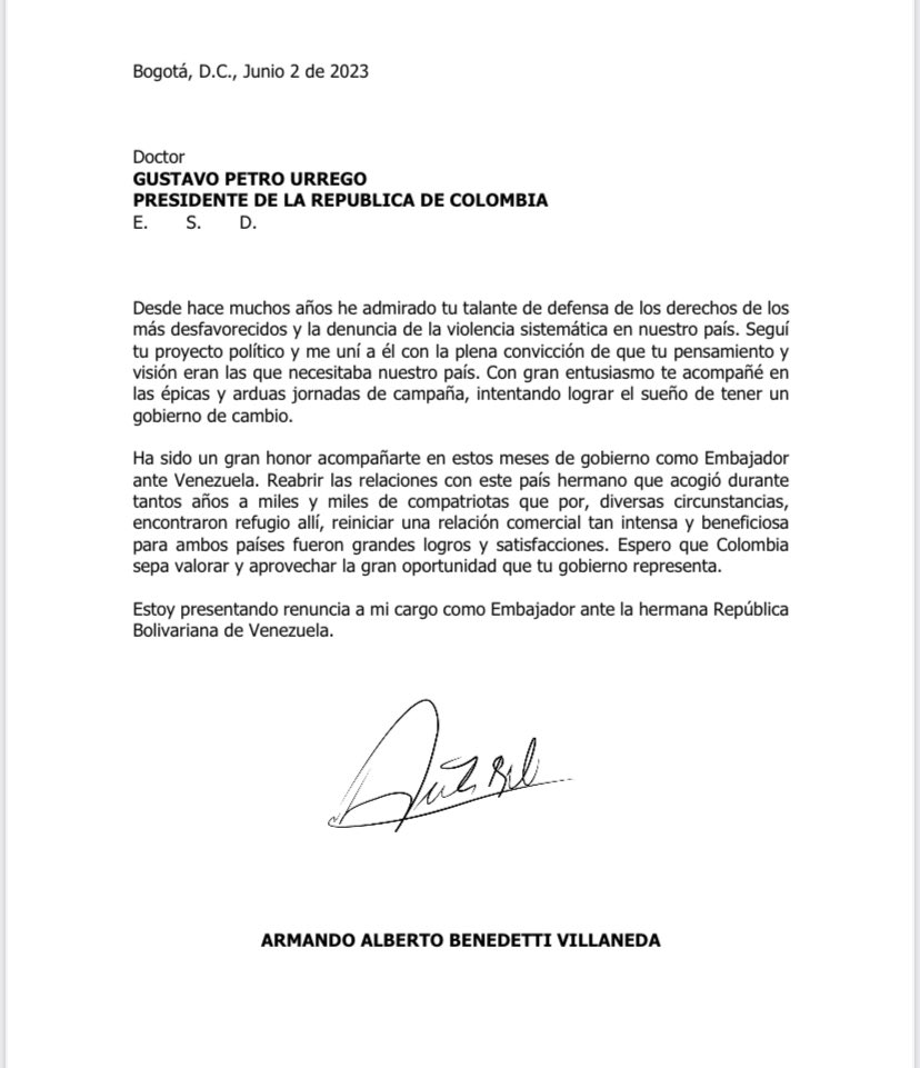 La carta de renuncia de Armando Benedetti como Embajador en Venezuela