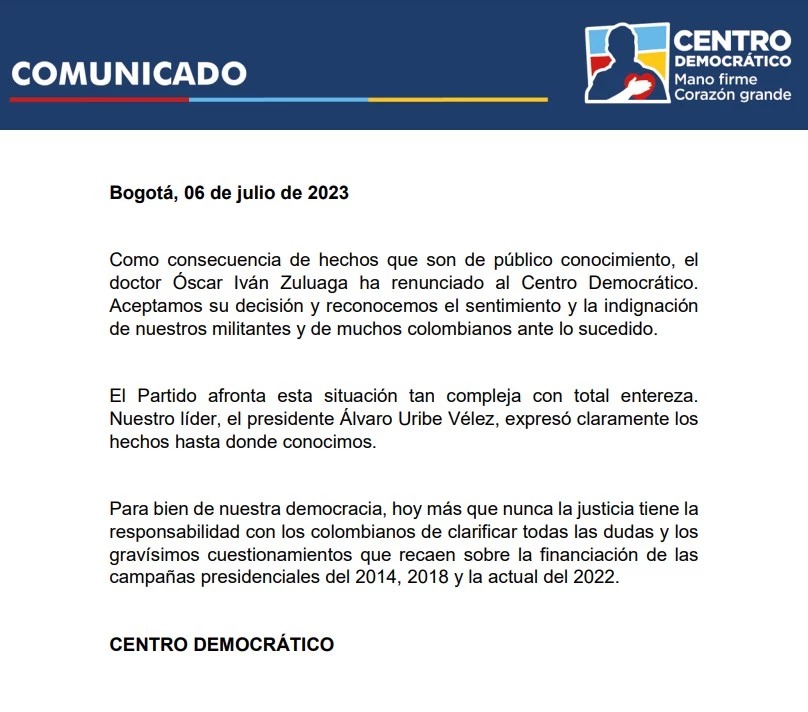 Comunicado del Centro Democrático sobre Óscar Iván Zuluaga.