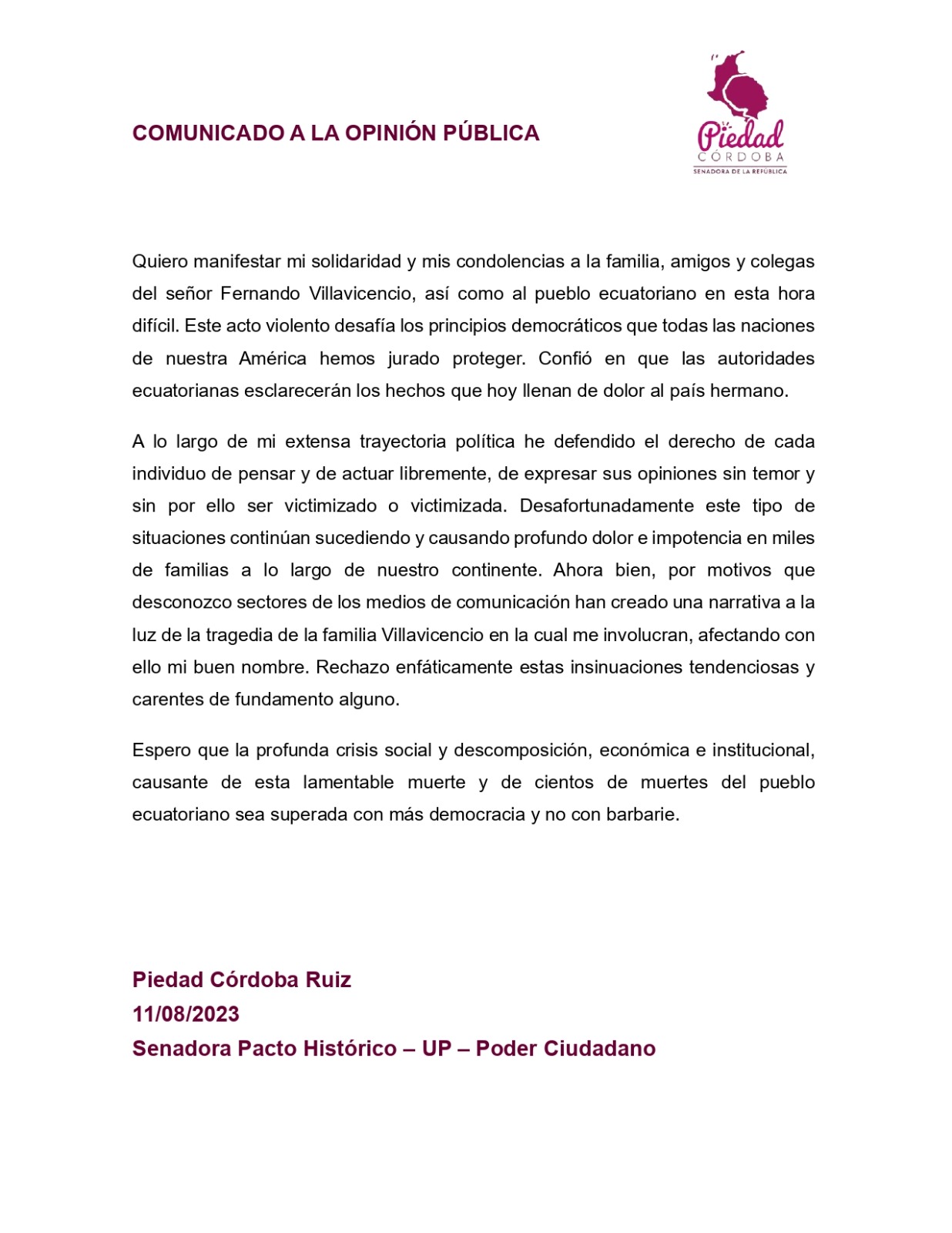 El comunicado emitido por la senadora Piedad Córdoba.