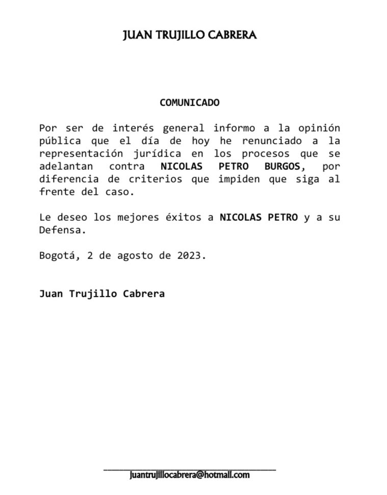 El comunicado emitido por el abogado Juan Trujillo.