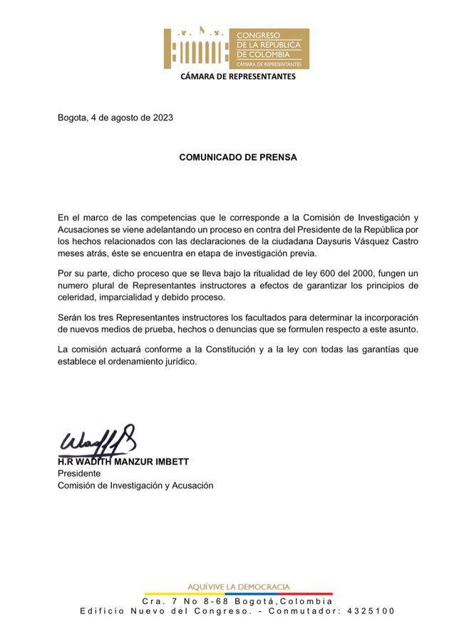 El comunicado del representante Wadith Manzur, presidente de la Comisión de Investigación y Acusaciones de la Cámara de Representantes,