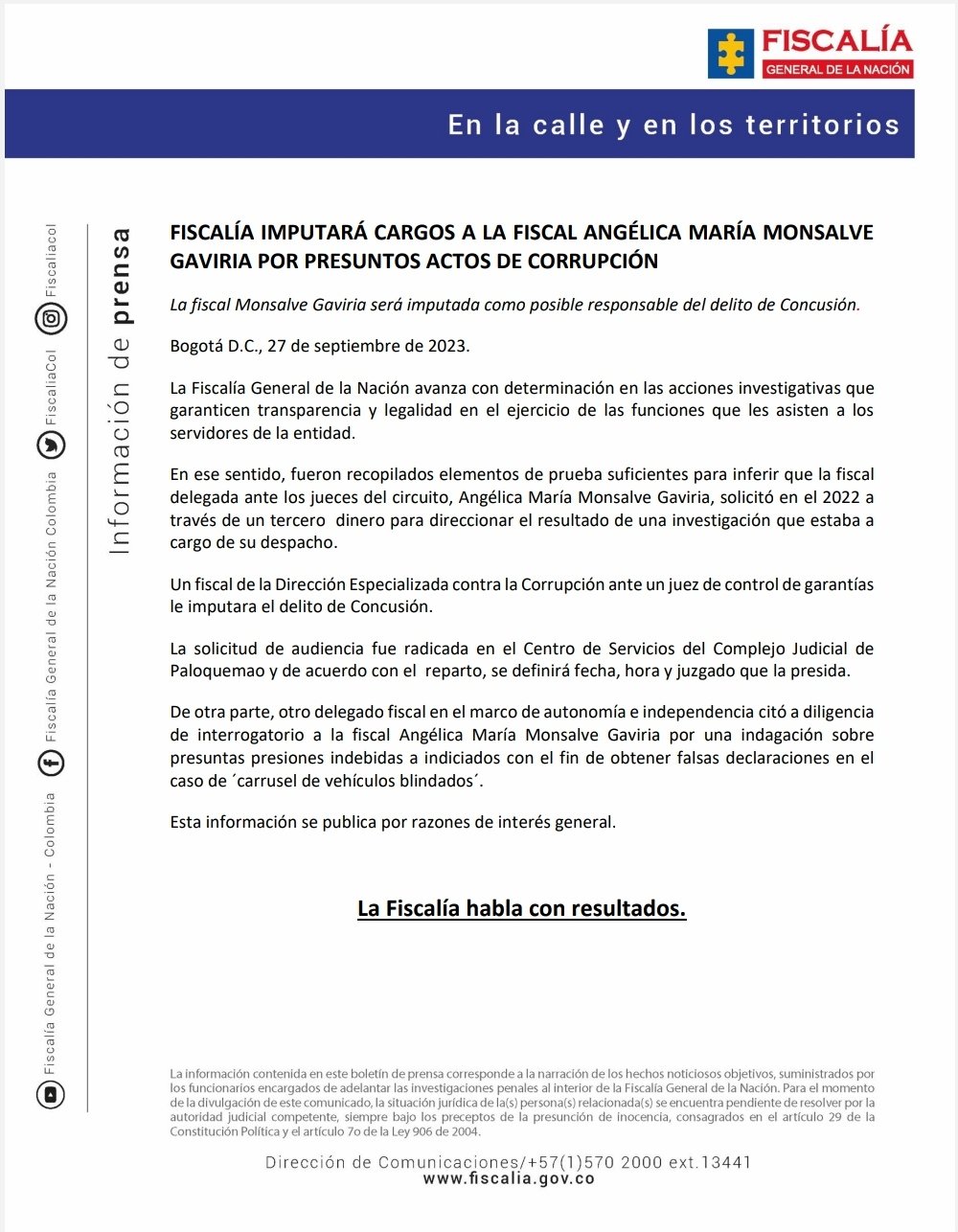 Comunicado de la Fiscalía General de la Nación.