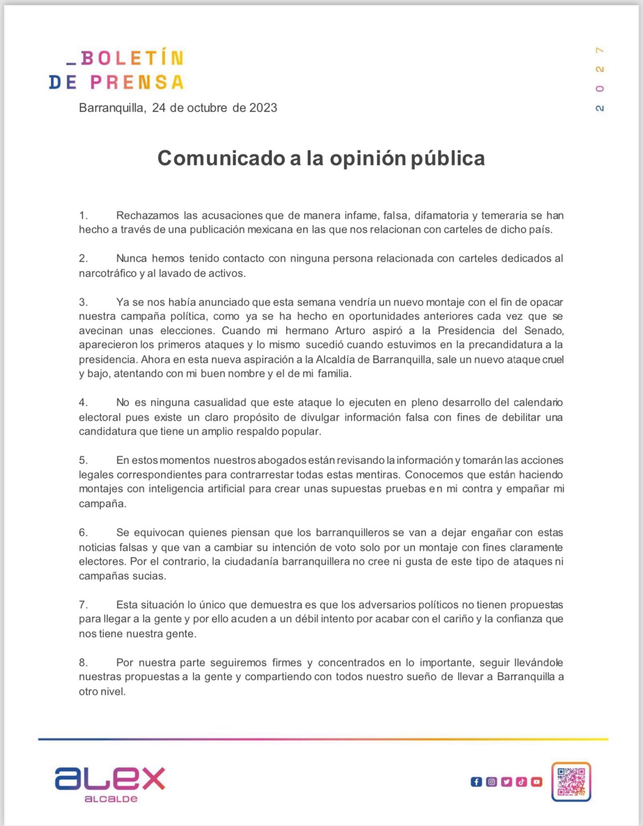 El comunicado emitido por Alex Char.