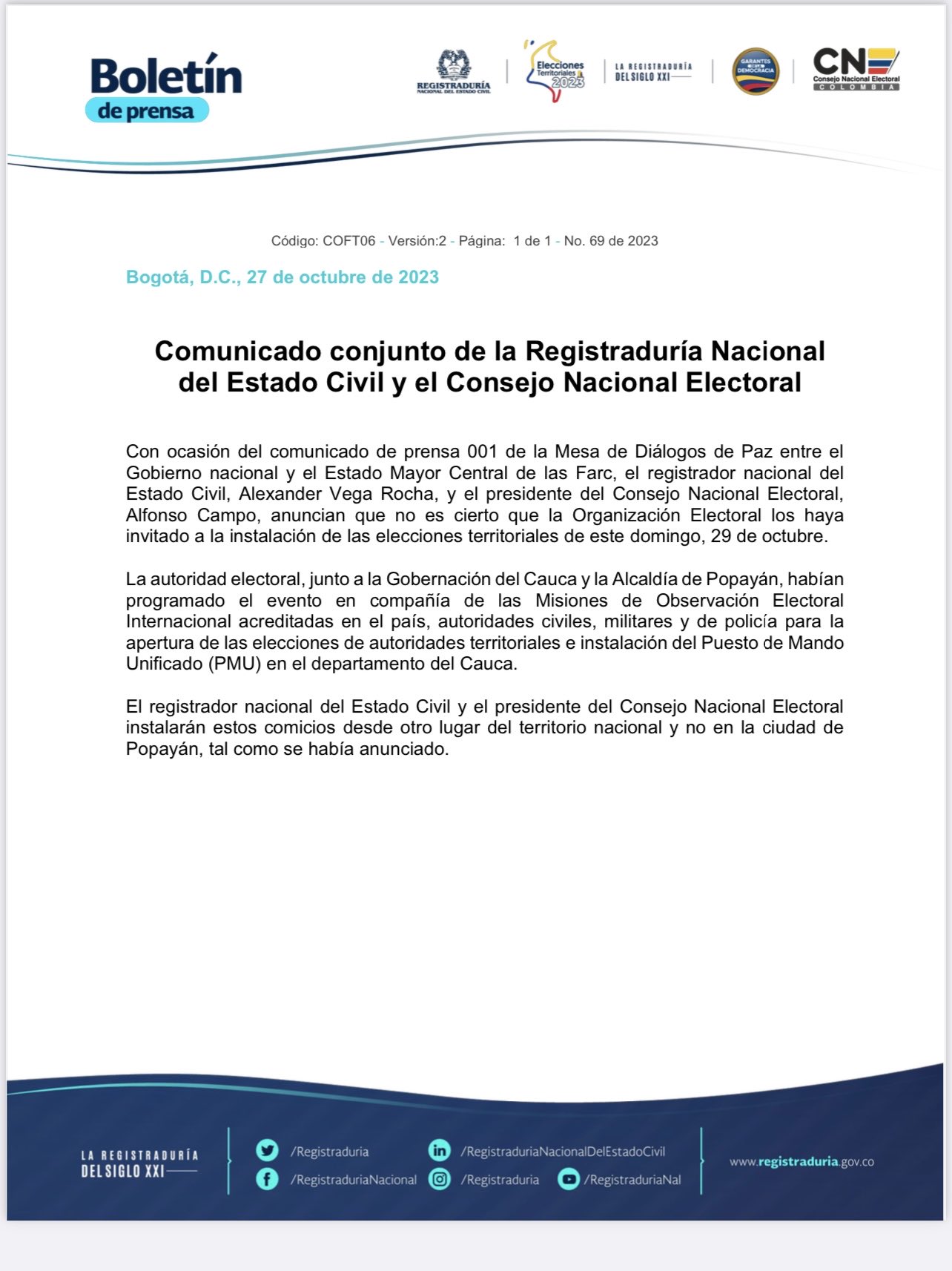 Comunicado conjunto del CNE y la Registtaduría