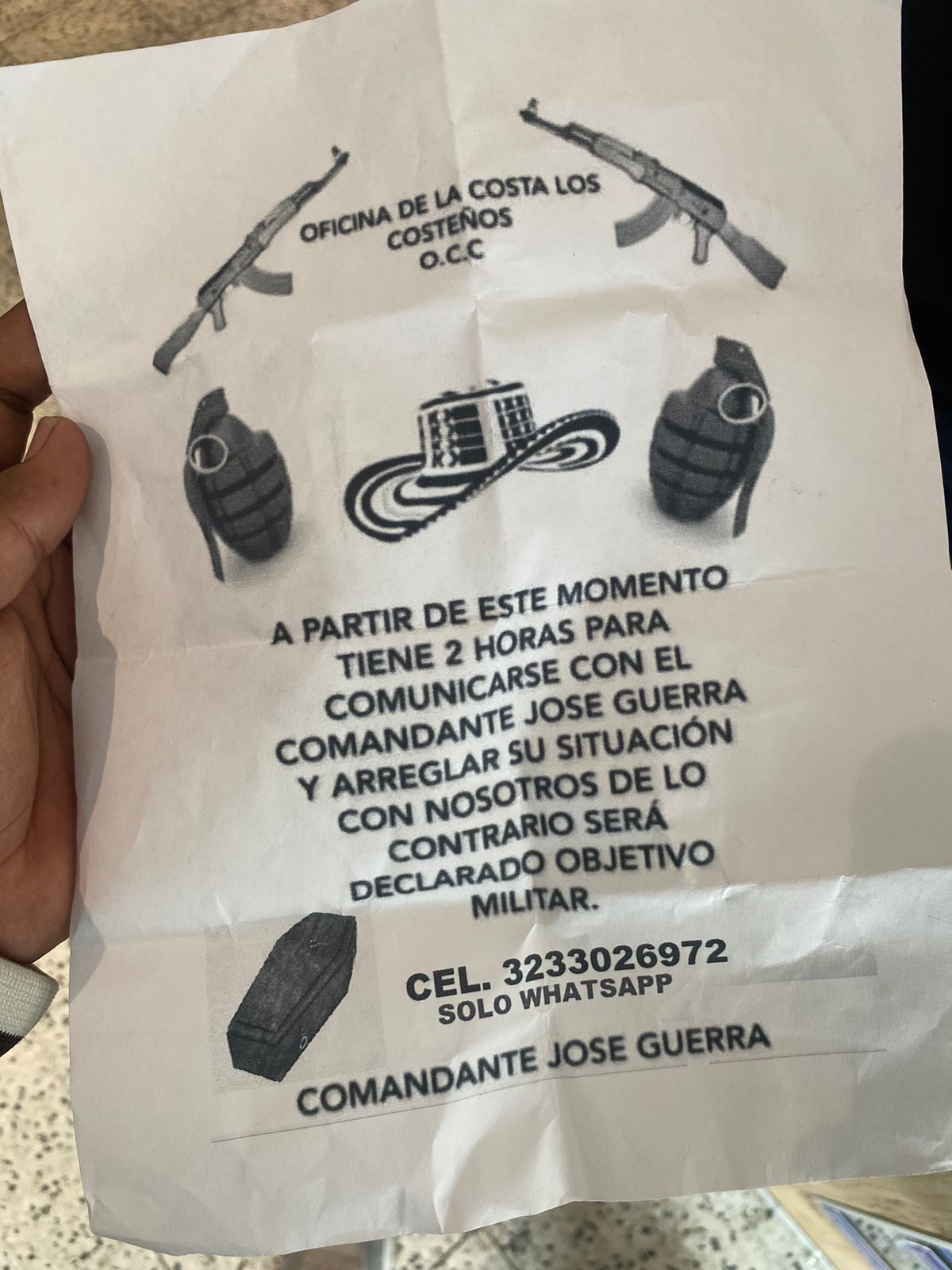 Panfleto de extorsión de 'Los Costeños'.