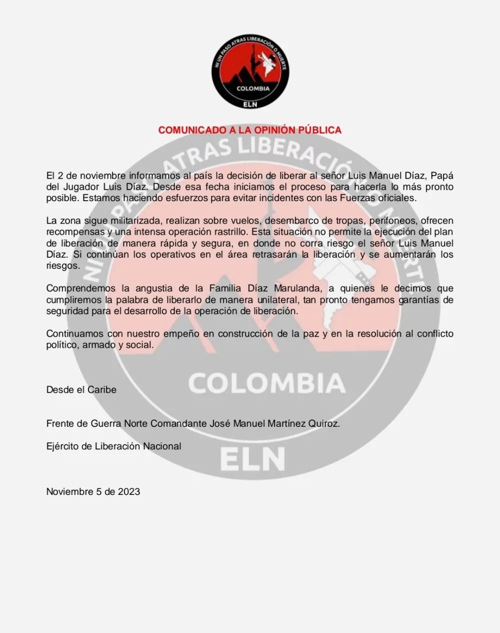 El comunicado emitido por el ELN.