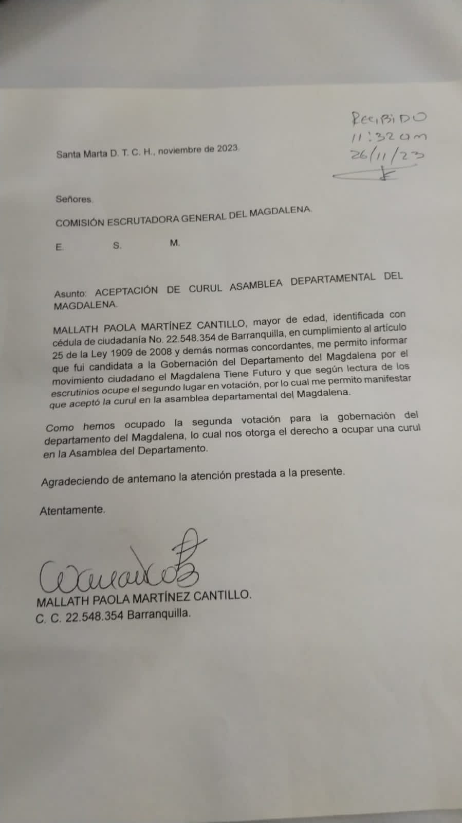 La carta de Mallath Martínez a la Comisión Escrutadora General del Magdalena