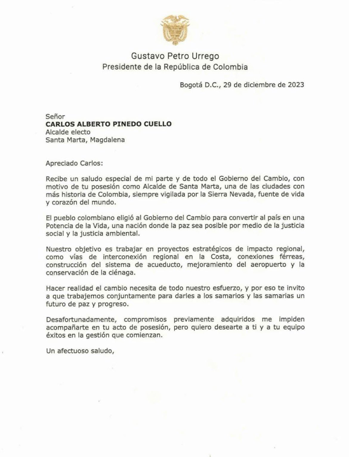 La carta que le envió Petro a Carlos Pinedo.