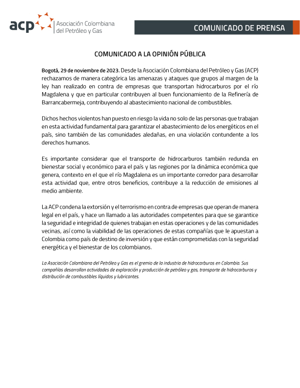 Comunicado Asociación Colombiana del Petróleo y Gas.