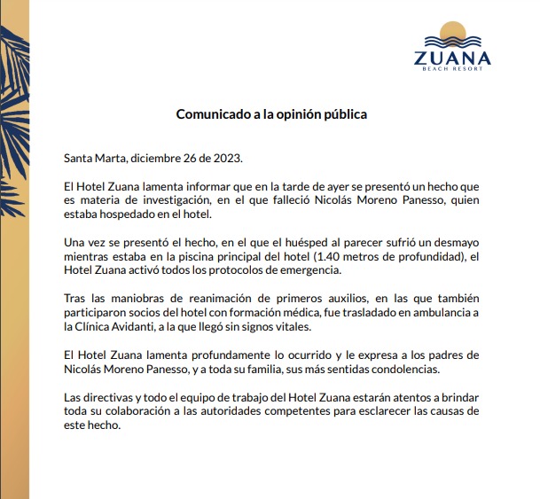 Comunicado del Hotel Zuana