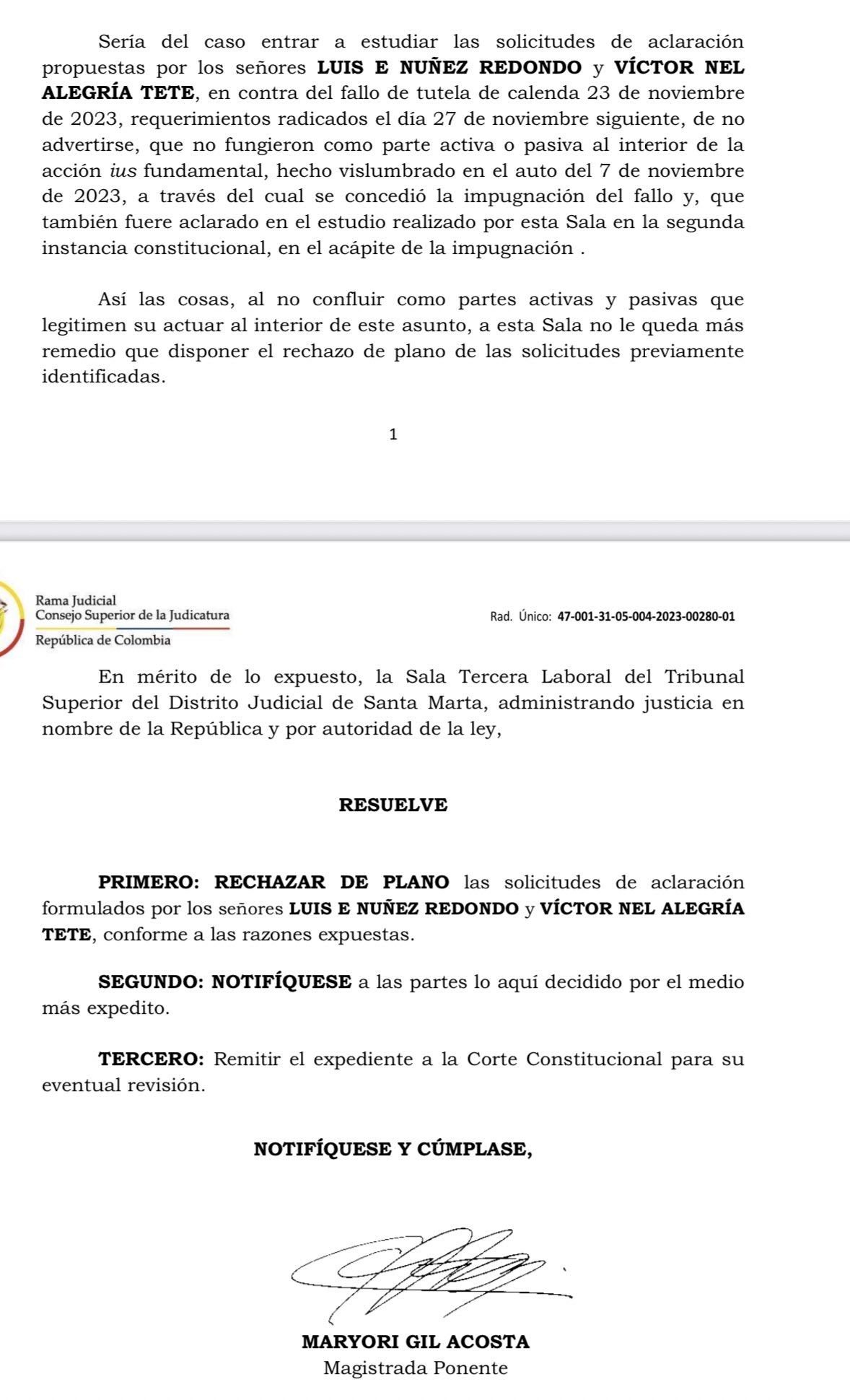 La magistrada Maryori Gil firmó la respuesta