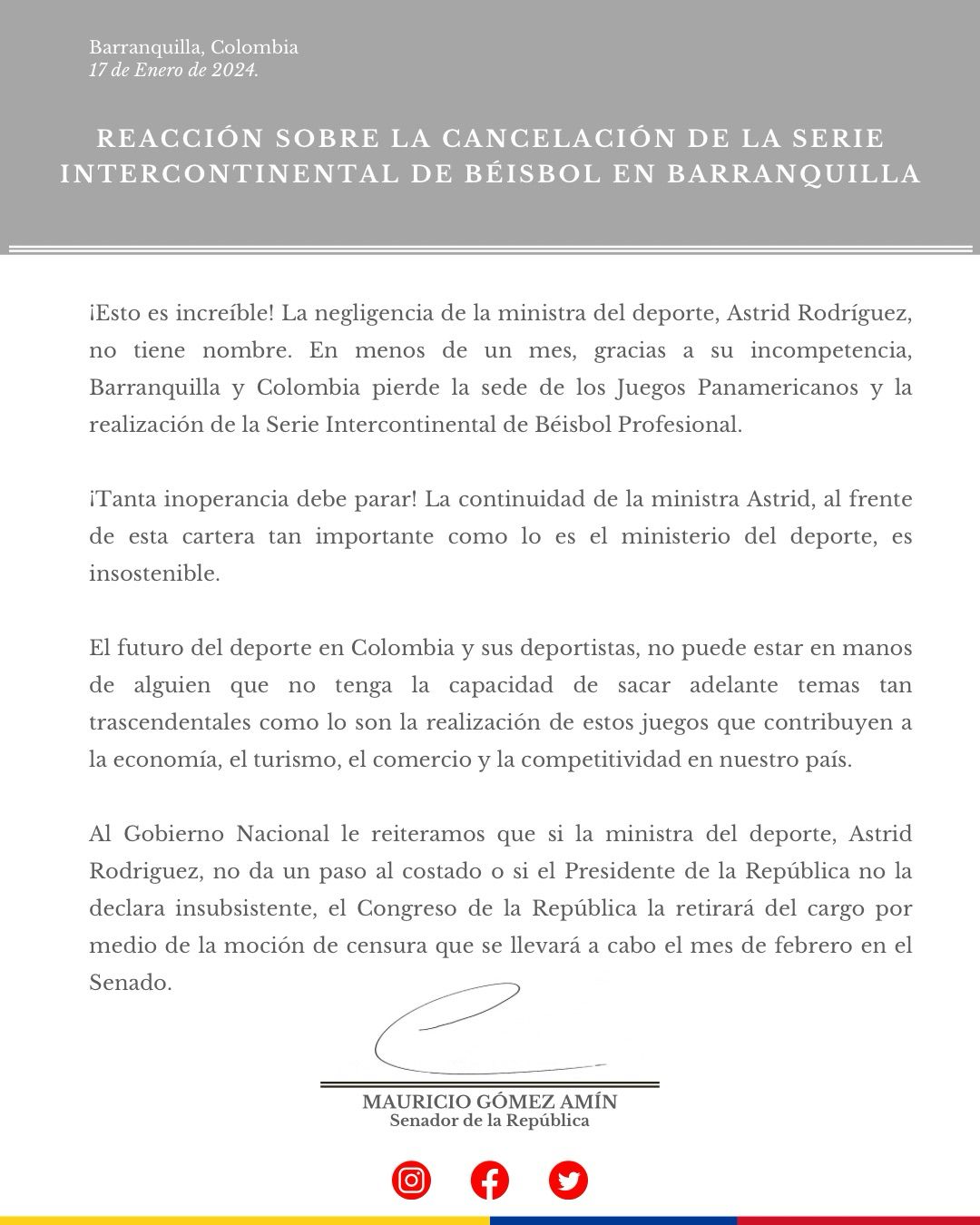 Comunicado senador Mauricio Gómez.