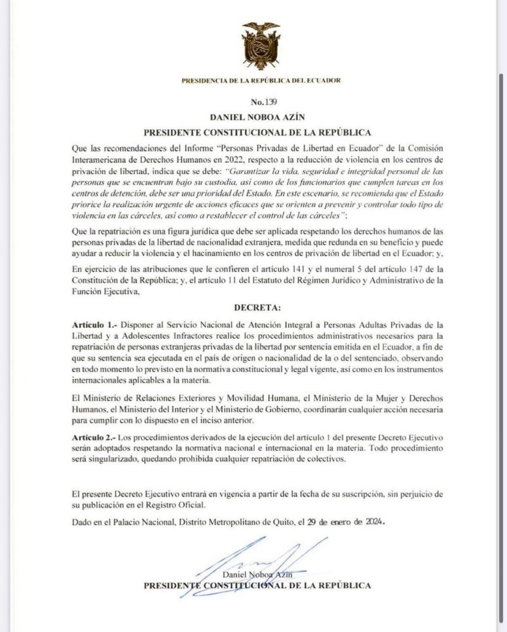 Decreto Ejecutivo del Presidente de Ecuador.