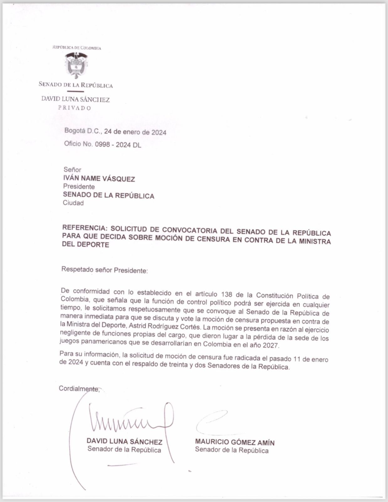 La solicitud de convocatoria para discutir y votar moción de censura en contra de la Ministra del Deporte, Astrid Rodríguez