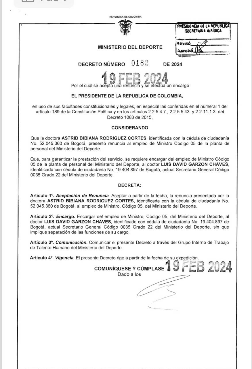 Decreto que confirma a Luis Garzón como ministro del deporte encargado. 