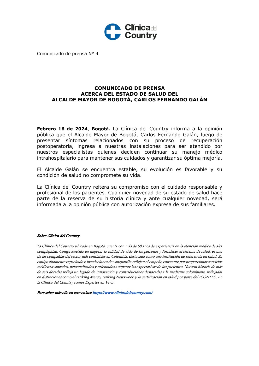 El comunicado de la clinica sobre el alcalde Carlos Fernando Galán