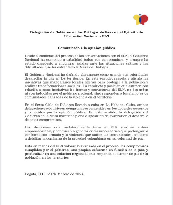 El comunicado de la delegación del Gobierno en los diálogos con el ELN