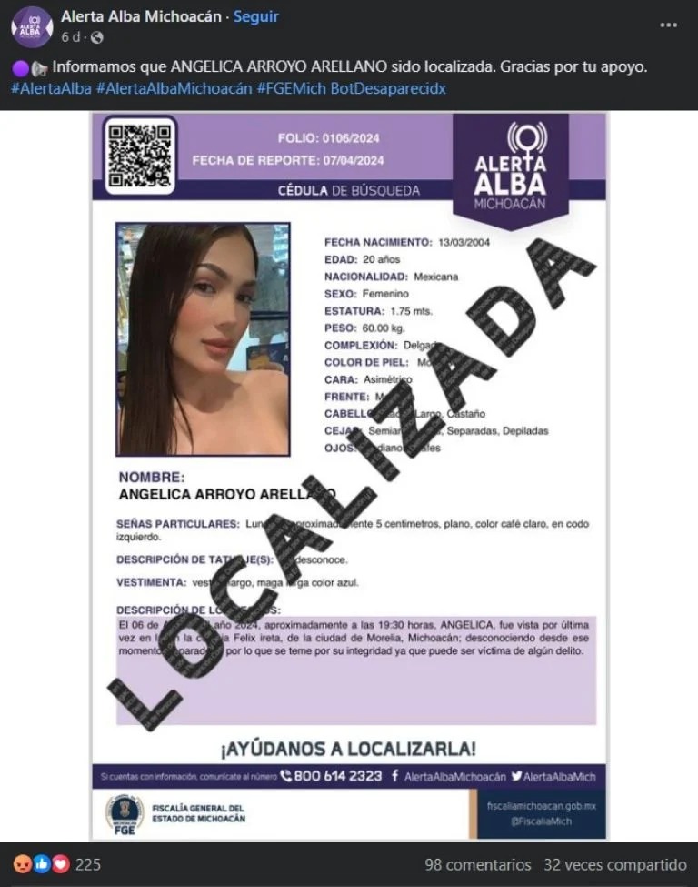 Afiche donde se denunciaba que Angélica Arroyo estaba desaparecida y luego localizada