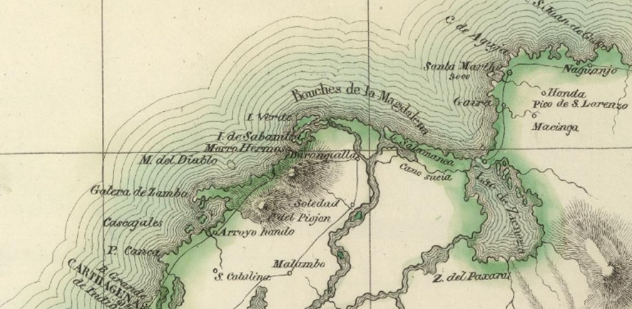 Vista de Barranquilla, la desembocadura del rio Magdalena  en esta área se aprecia la Isla Verde y Morro Hermoso. 