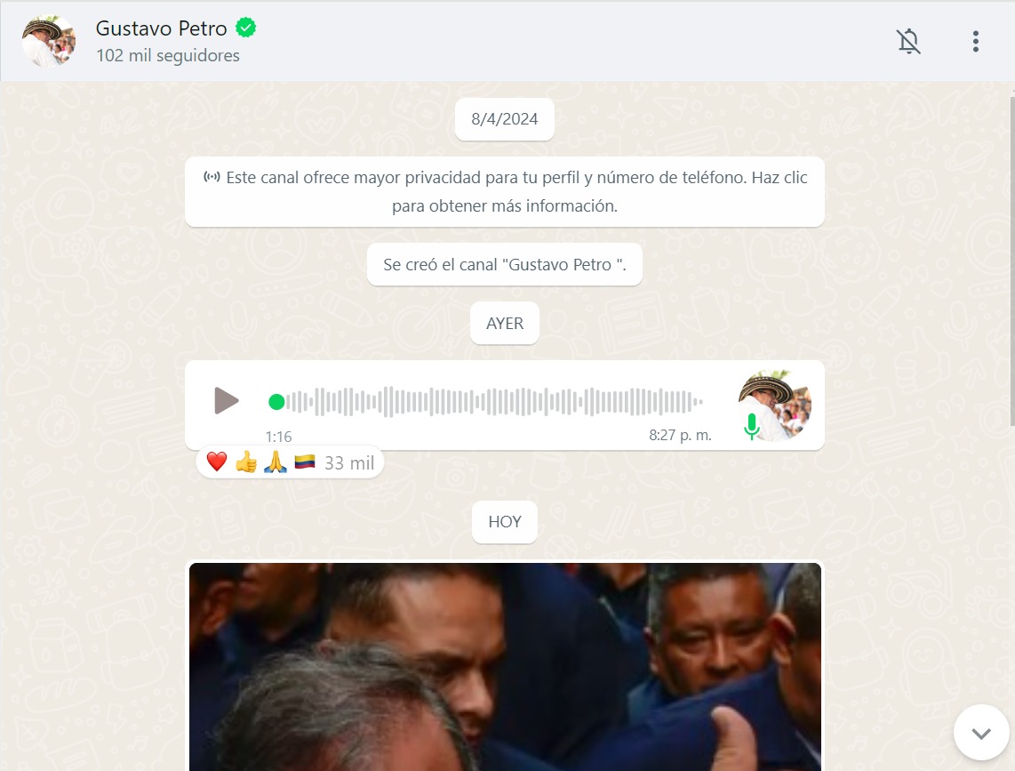 Así luce el canal de WhatsApp de Petro.