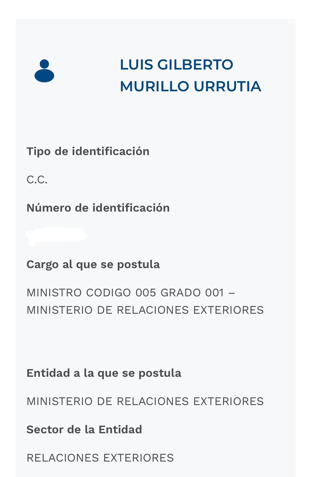 La hoja de vida publicada en la Página de la Presidencia de la República.