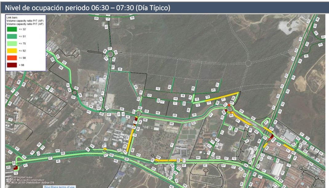 Para 2025 la cantidad de espacios en rojo (mayor tráfico) crecerá por el aumento vehicular de la zona.