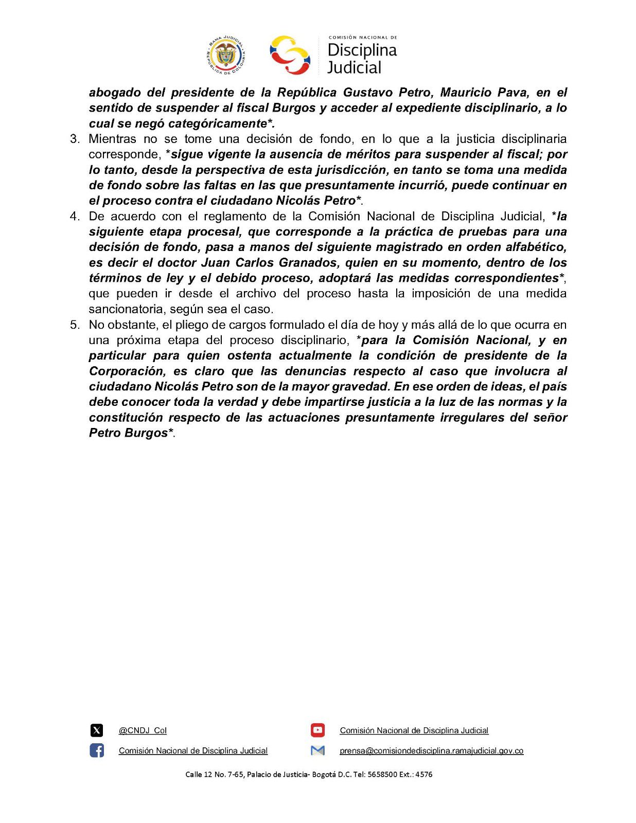 El comunicado de la Comisión Nacional de Disciplina Judicial.