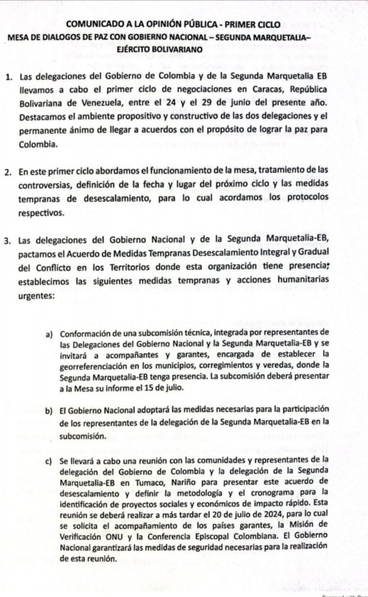 Comunicado conjunto entre el Gobierno y la 'Segunda Marquetalia'.
