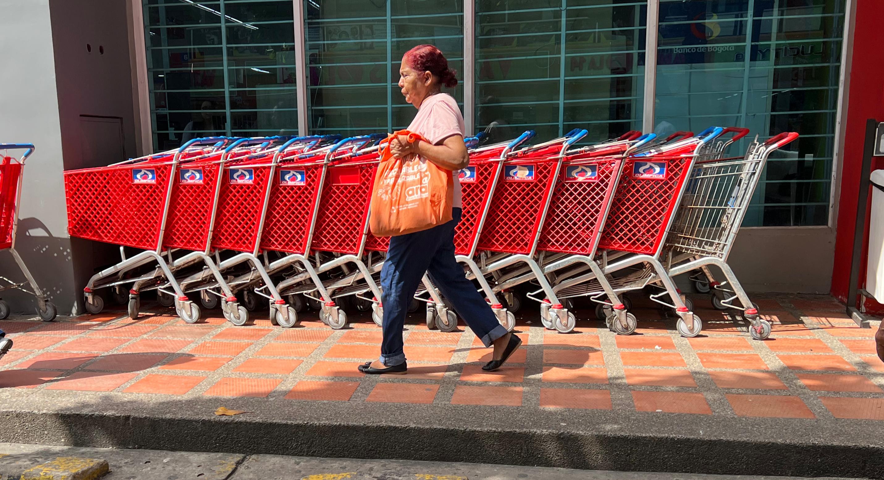 Comprador transporta su compra con bolsas de tela.