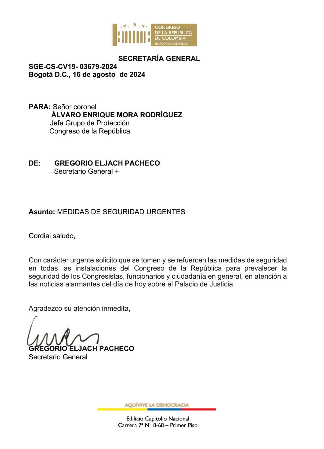 Carta del secretario general del Senado.