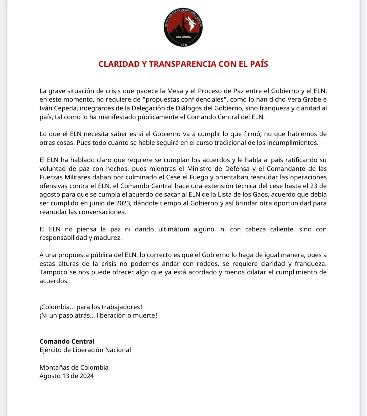 El comunicado emitido por el Comando Central del ELN.