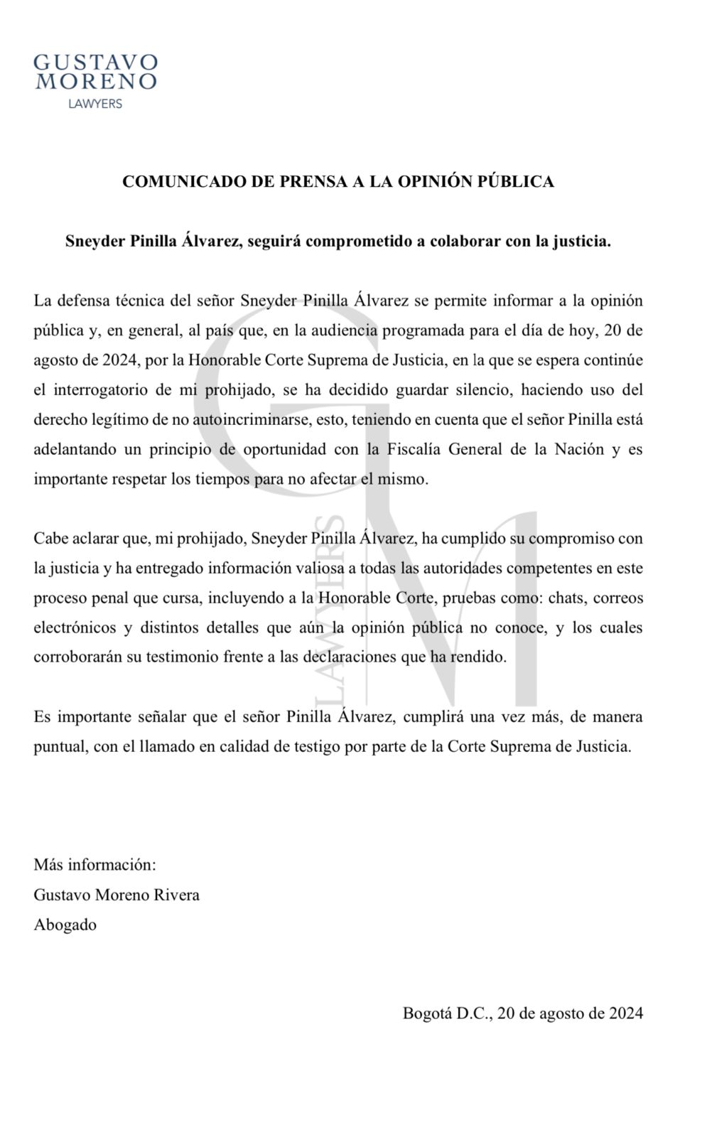 Comunicado de defensa técnica de Sneyder Pinilla.