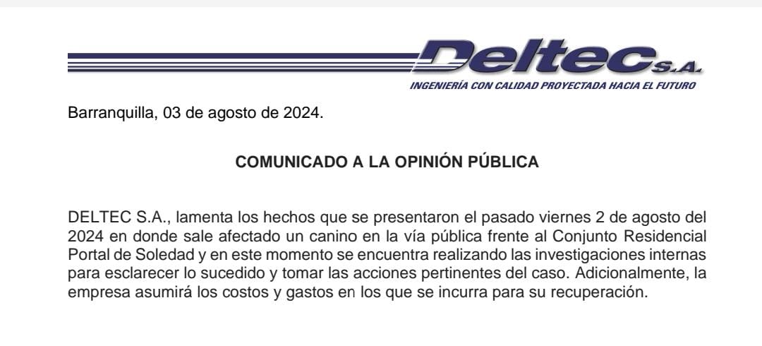 Comunicado de la empresa contratista implicada en el hecho.