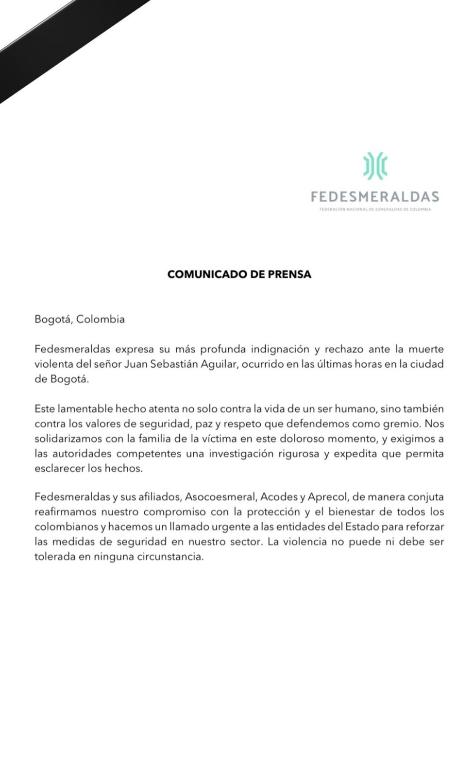 Comunicado de esmeralderos tras asesinato de Juan Aguilar. 