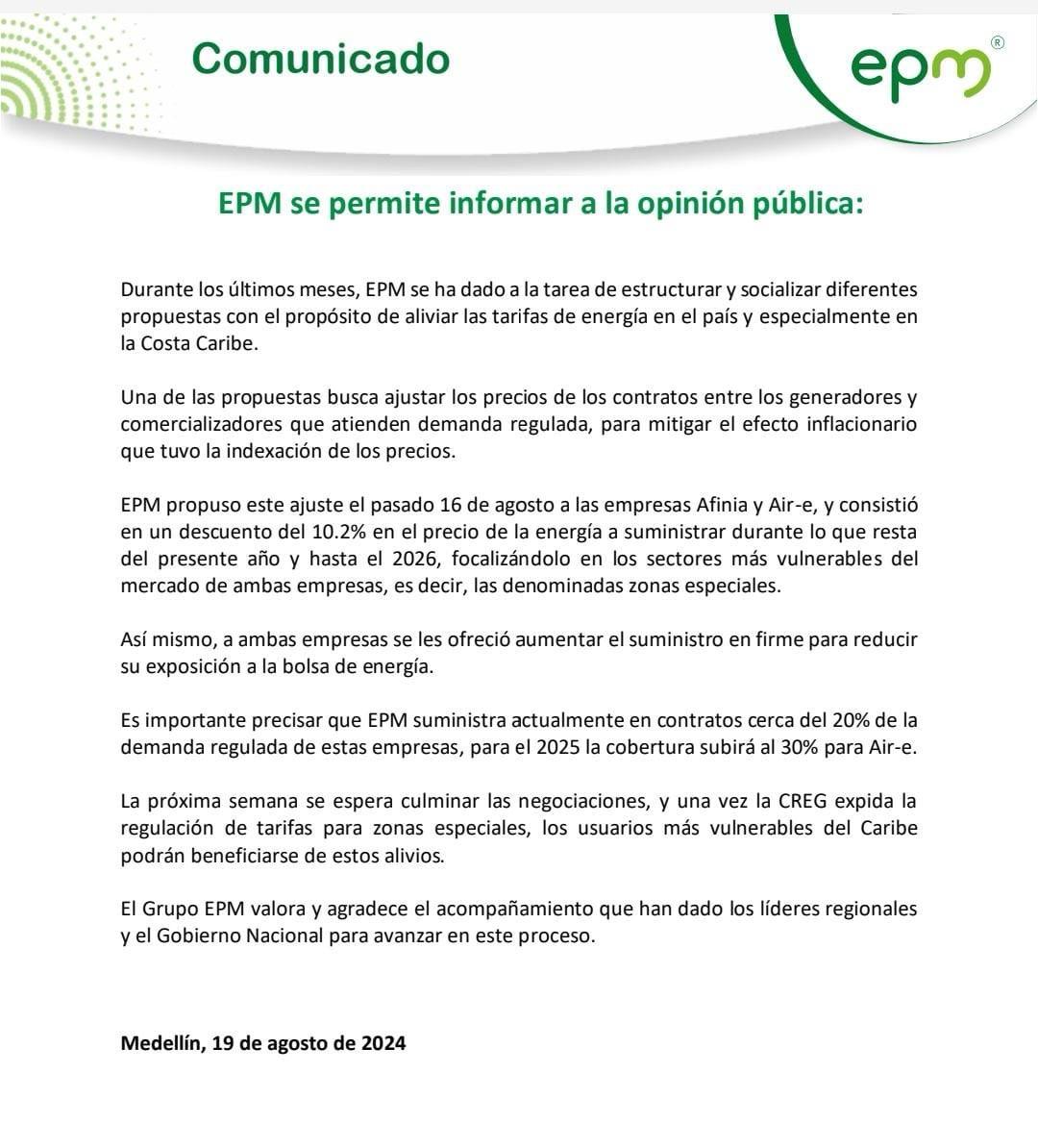 Comunicado de EPM.