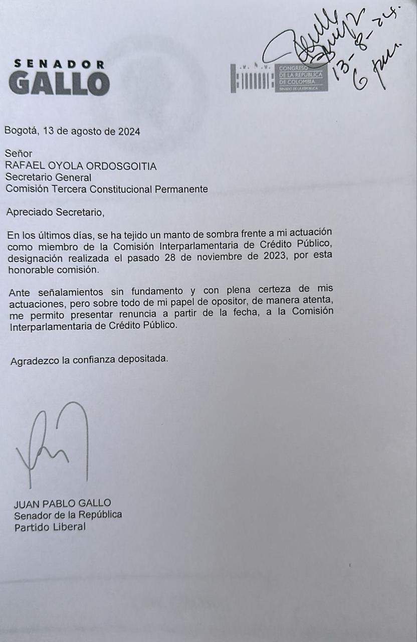 Carta de senador Juan Pablo Gallo.