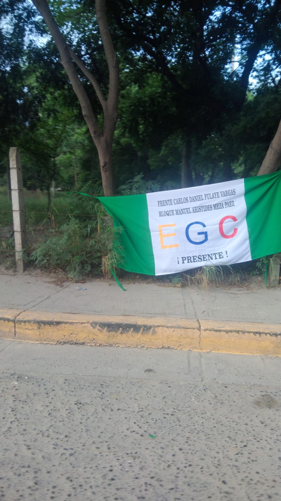 Bandera del 'Clan del Golfo' en la Prolongación de Murillo, cerca de Granabastos.