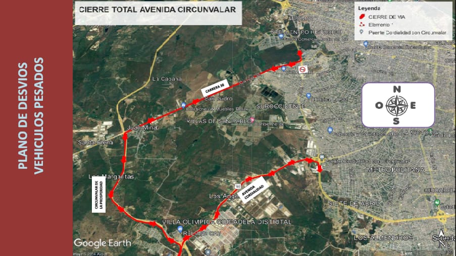 Plano de desvíos de vehículos pesados.