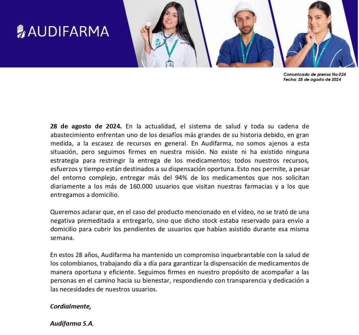 Comunicado emitido por Audifarma.