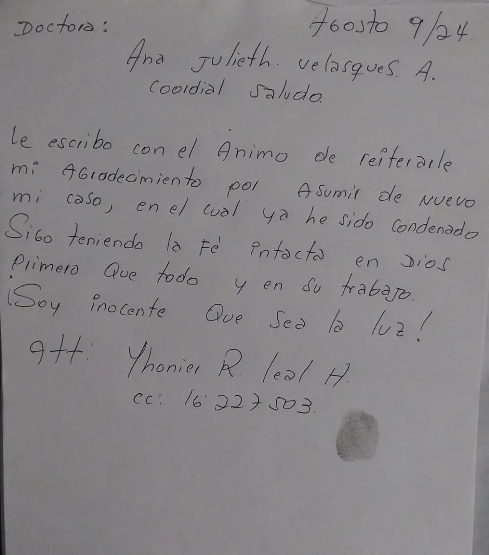 La carta enviada por Yhonier Leal a su abogada.