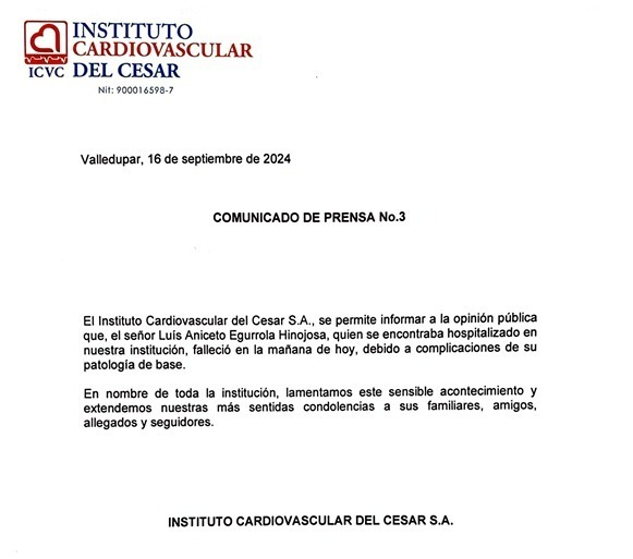 El Instituto Cardiovascular del Cesar se pronunció.