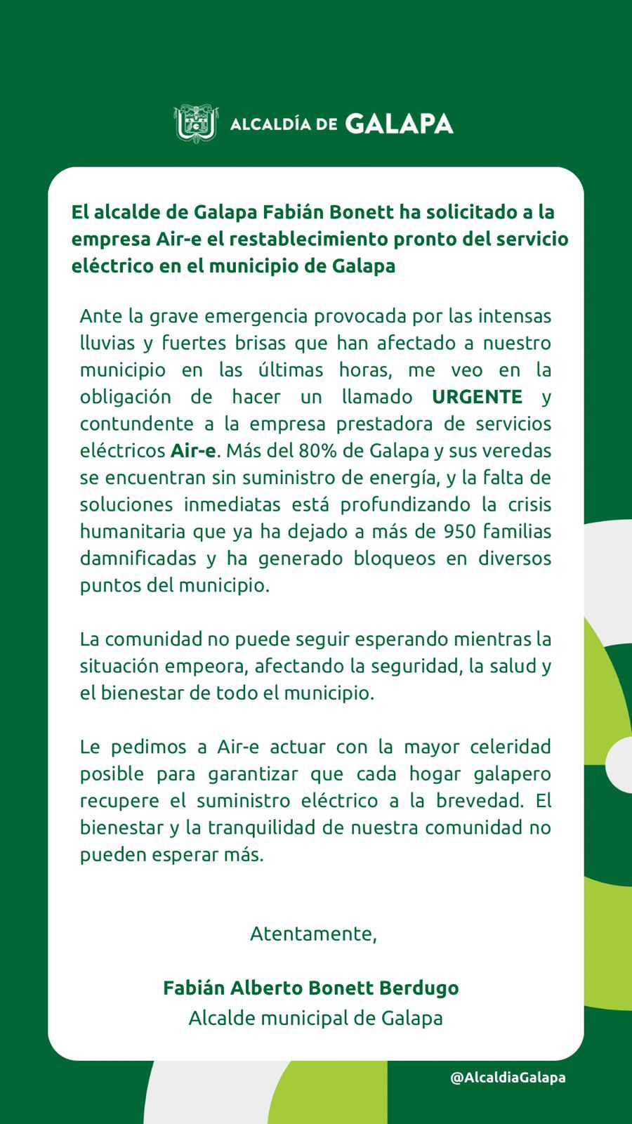 Comunicado de la Alcaldía de Galapa. 