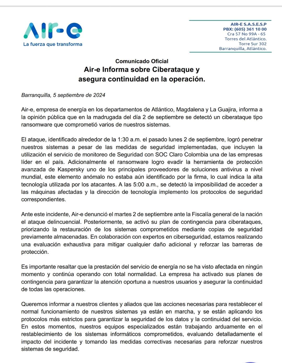 Comunicado de la empresa Air-e. 