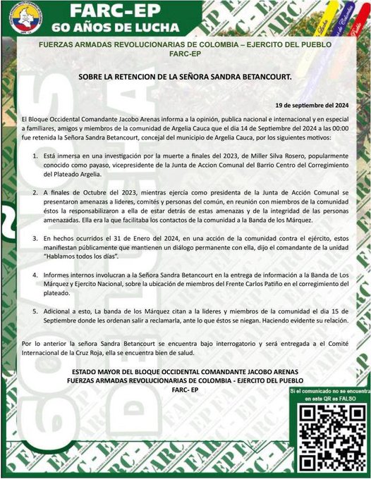 Comunicado emitido por las disidencias de las FARC al mando de alias 'Iván Mordisco'