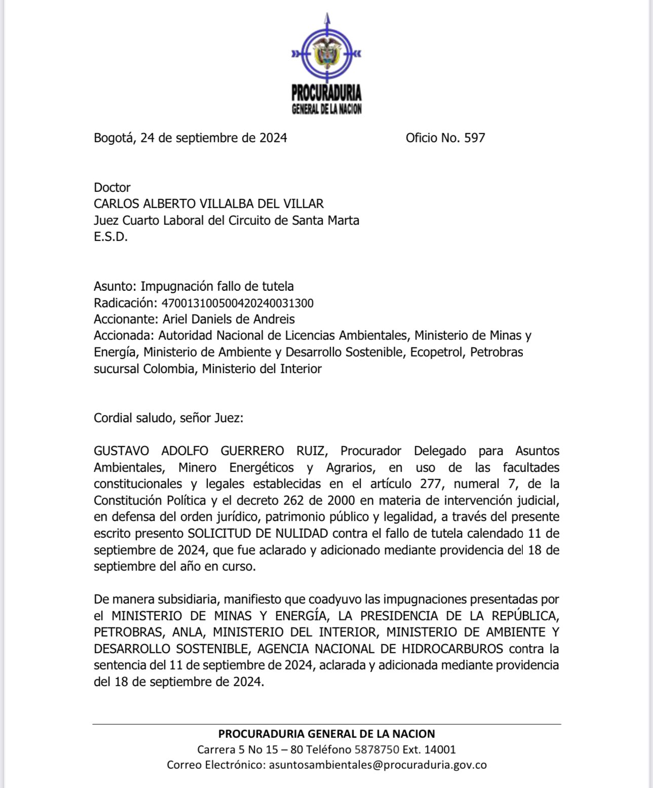 La solicitud de la Procuraduría al juez.