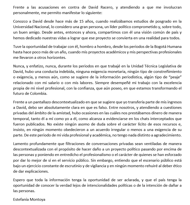 El comunicado de Estefanía Montoya.