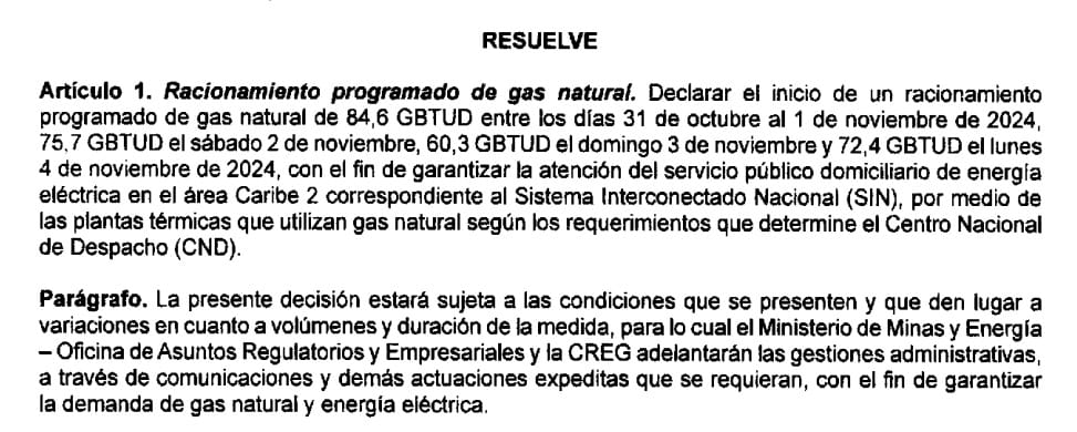 Resolución del racionamiento programado de gas. 