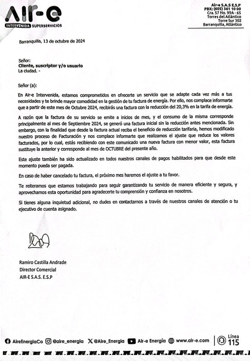 Carta a los usuarios en nueva factura.